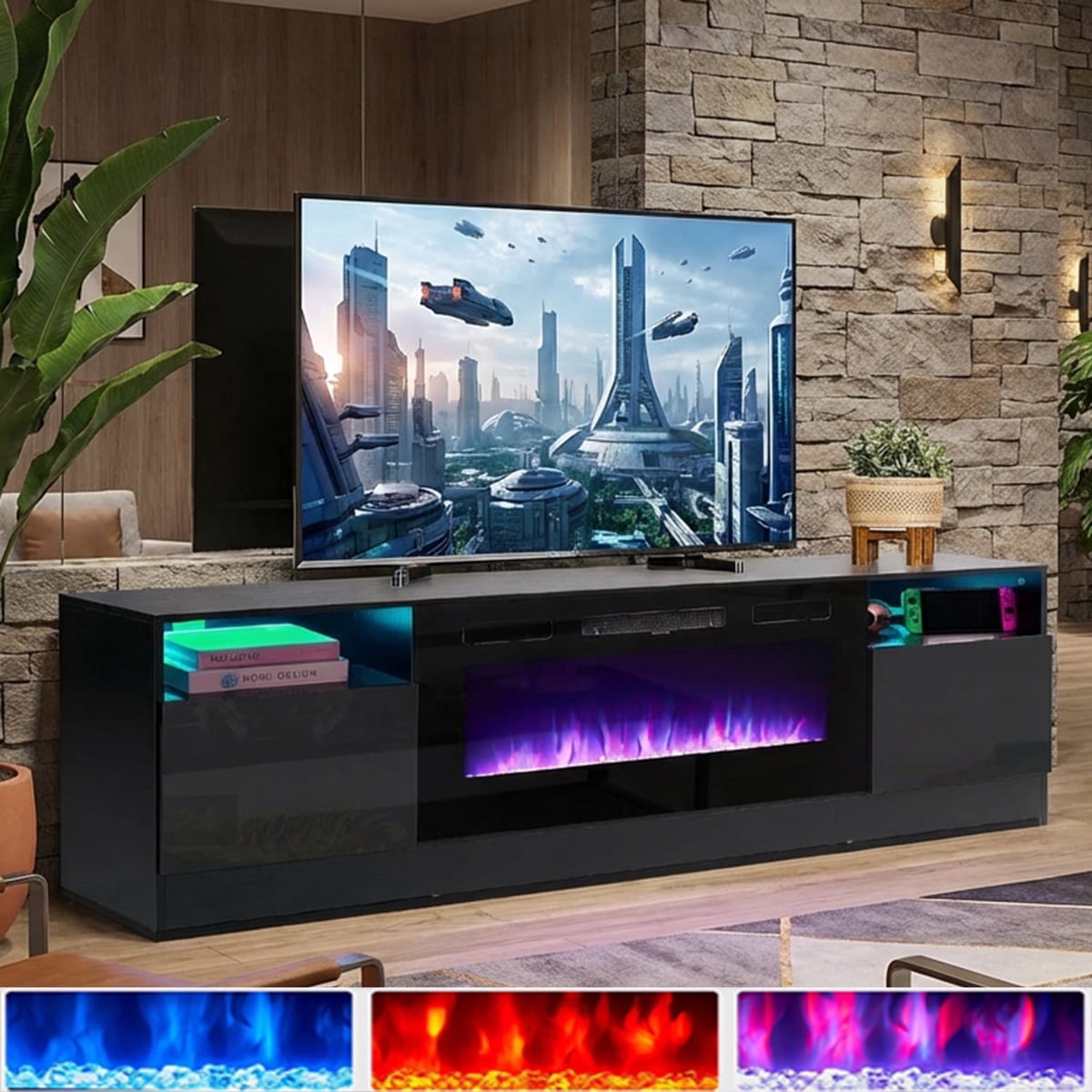 Easoger 70”  Fireplace TV Stand for TVs up to 80", TV Stand with 36'' Electric Fireplace, LED Lights Entertainment Center, TV Console, Black