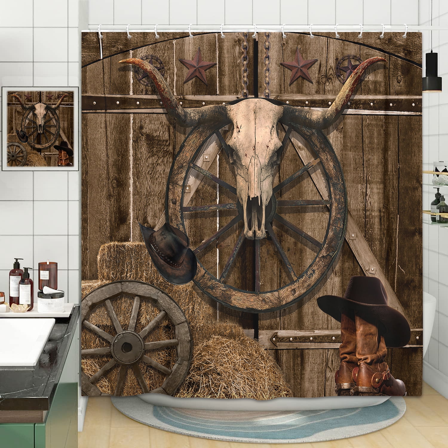 Western Cowboy Shower Curtain, Western Southwest Texas Rustic Farmhouse Barn Door Fabric Shower Curtains Set for Bathroom, Retro Country Restroom Decor Accessories with Hooks 72X 72 inch