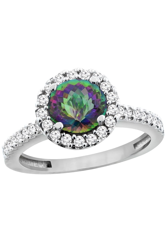 14K White Gold Natural Mystic Topaz Ring Round 6mm Floating Halo Diamond, size 6.5