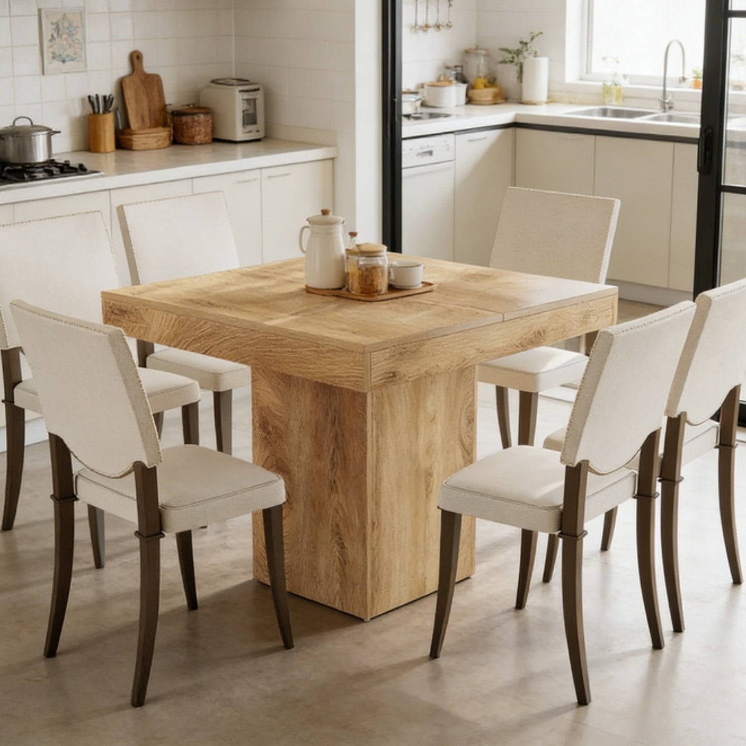 Dining Table, 39" Square Wood Kitchen Table with Pedestal Base, Seats 4, Natural Finish