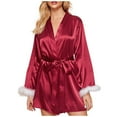 thumbnail image 3 of Feancey Womens Silk Robe Solid Color Kimonos Sleepwear for Bride Plush Trim Long Sleeve Short Bathrobe Soft Satin Nightgowns with Belt Wine M, 3 of 4