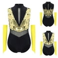 thumbnail image 5 of Aislor Gymnastic Outfits for Girls Sequins Ballet Leotard Color Block Latin Jazz Modern Dance Bodysuit with Gloves Gold 10, 5 of 7