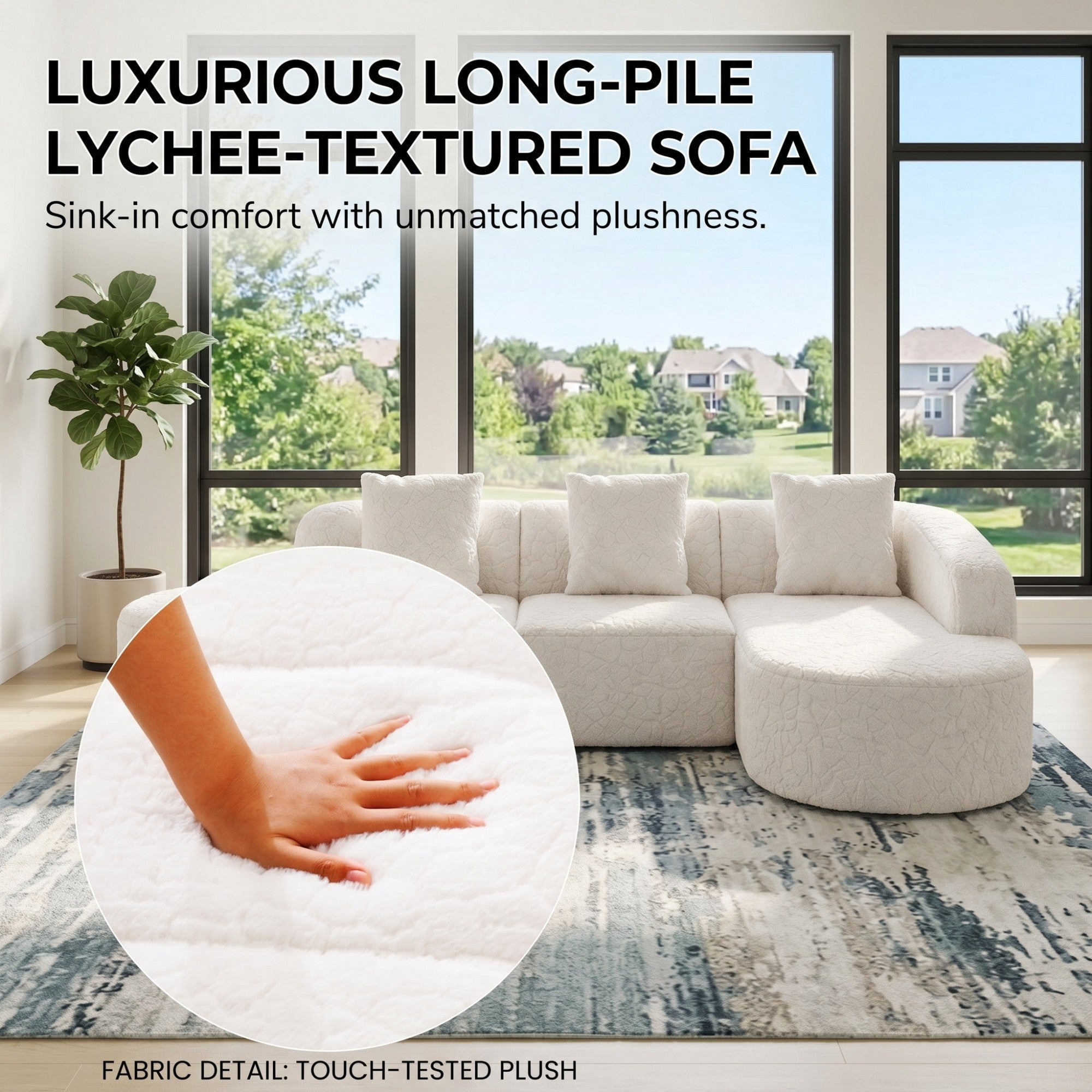 Sailvan 111.8" L-Shaped Curved Modular Sofa, Modern Lychee-Textured Sectional with Chaise, 3 Pillows White