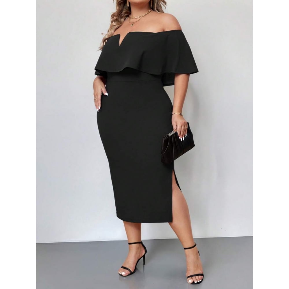 Black Plus Size Off-Shoulder Ruffle Detail Sheath Dress For Spring To Summer