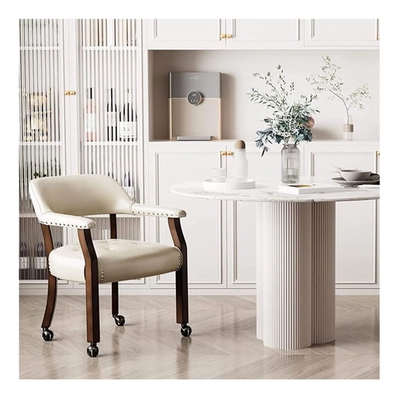 Dining Chair with Casters & Arms, PU Chairs, 360° Move-Beige