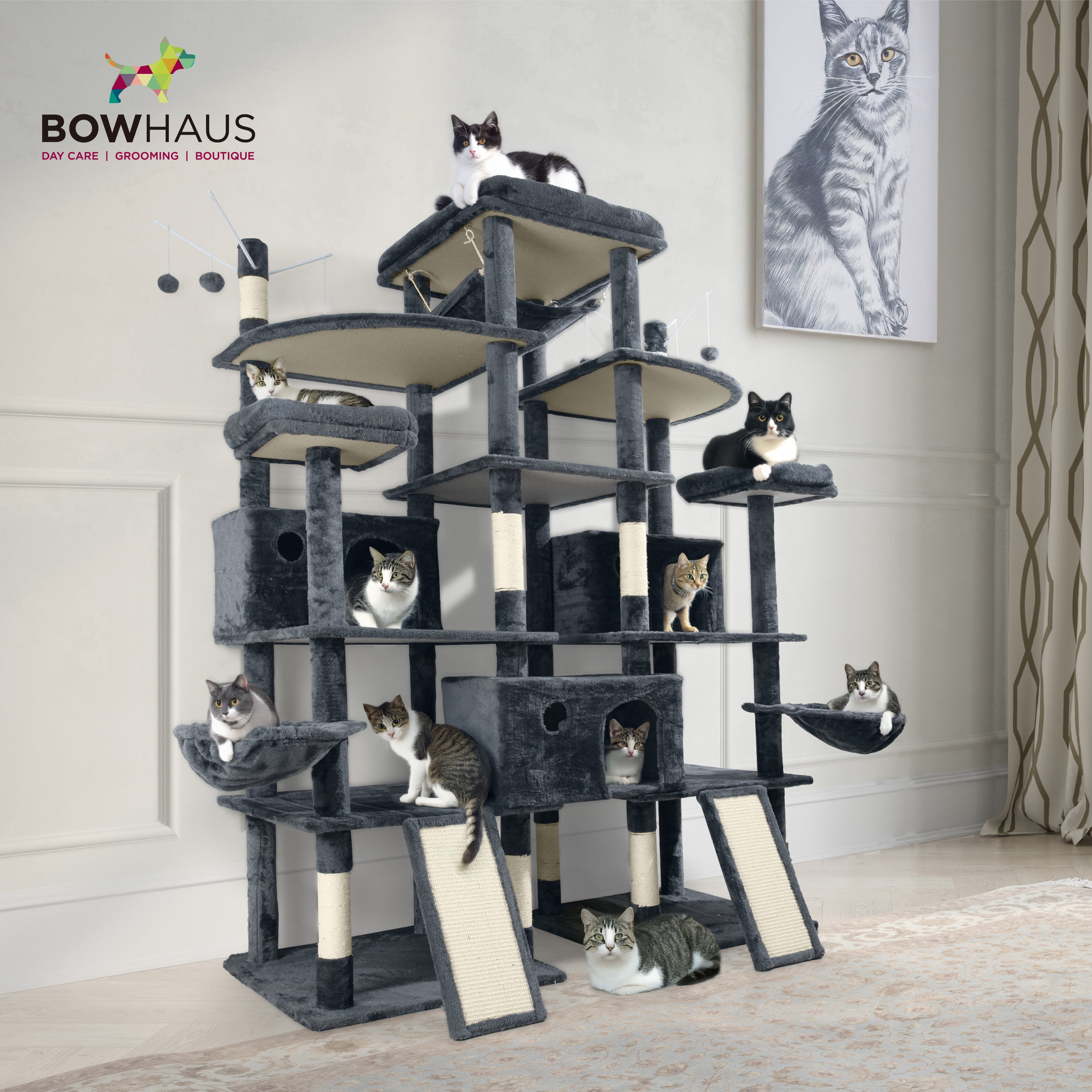 CAPHAUS Extra Large 80-Inch Tall Cat Tree w/Widened Perch for Large Cats, Big Cat Tower Indoor, Modern Multi-Level Activity Tower with Scratching Posts, Condos, Baskets, Hammock, Scratching Ramps