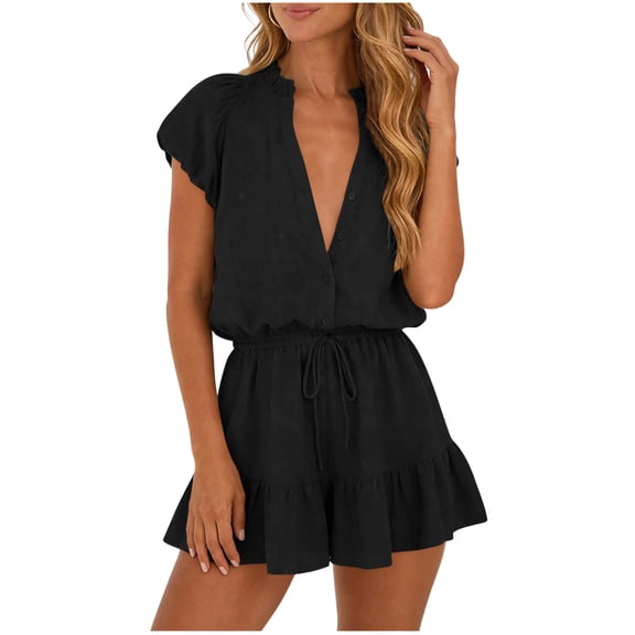 XUNKUSGA Summer Romper Dress Classic Soild Color V Neck Button Down Puff Short Sleeves Drawstring Mini Dress Cute Layer Ruffle Hem Rompers for Women,Black,S