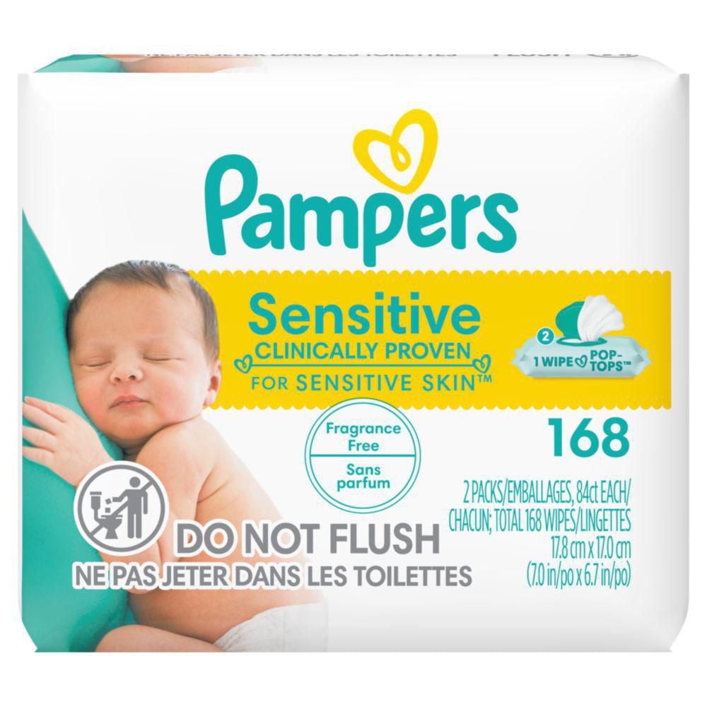 Pampers Baby Wipes Sensitive Perfume Free, 2 Flip-Top Packs (168 Wipes Total)