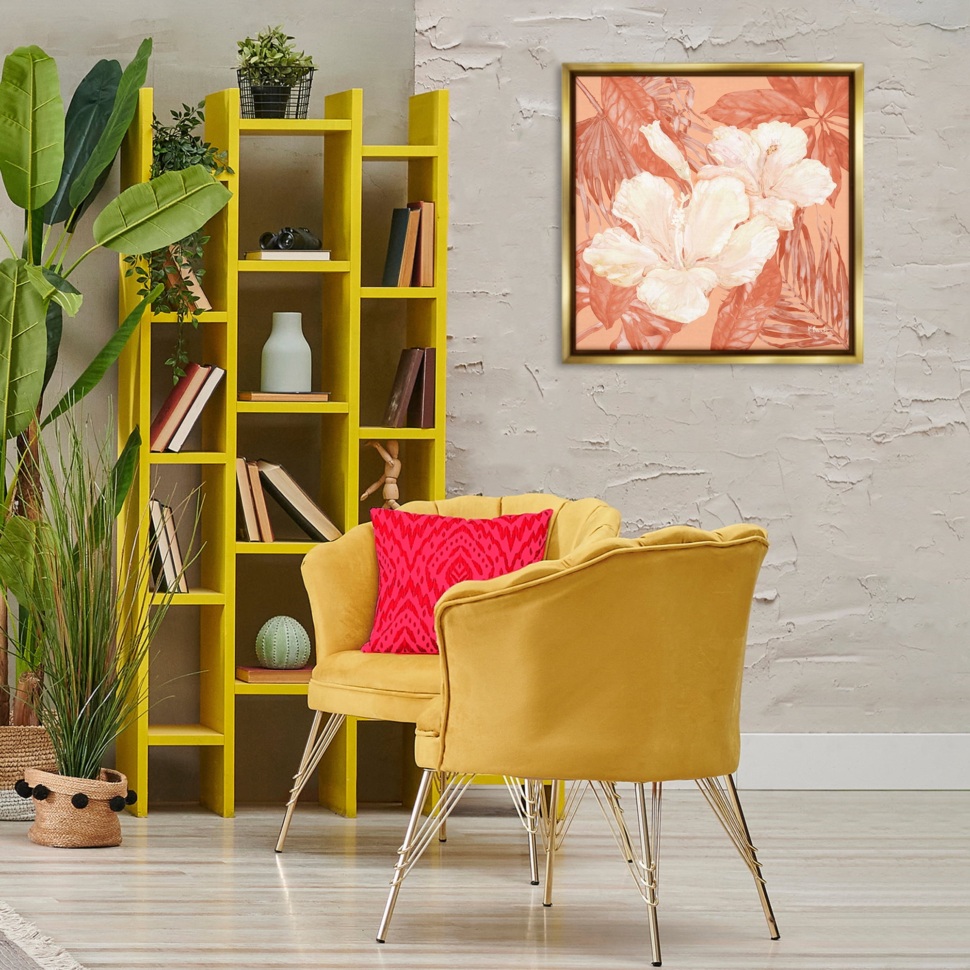 Stupell Industries Tropical Hibiscus Bunch Plants & Flowers Painting Gold Floater Framed Canvas Art Print Wall Art, 25 x 25