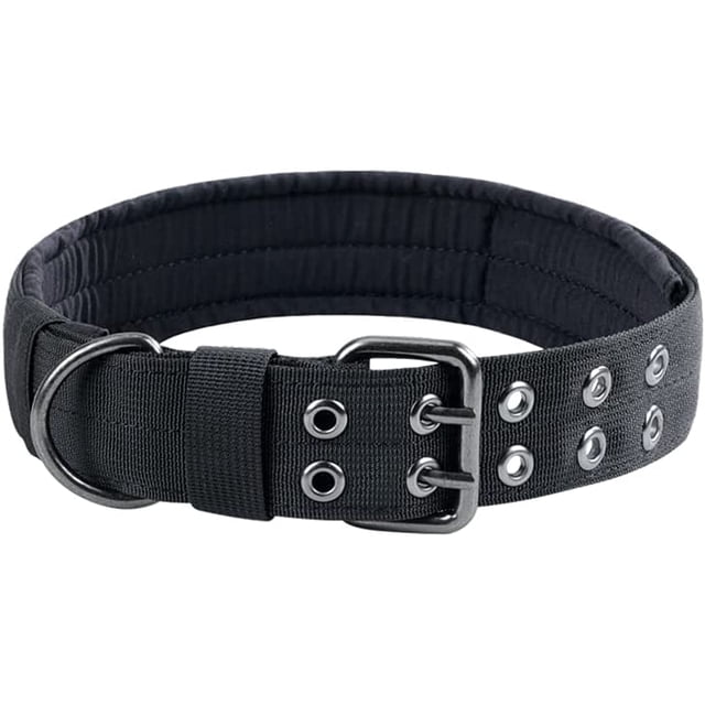 Collar táctico de nailon para perros, collar de entrenamiento militar ajustable con hebilla de doble anillo metálico (Negro-M, 59 cm)
