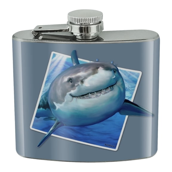 Shark Selfie Picture Great White Stainless Steel 5oz Hip Drink Kidney Flask