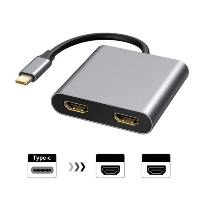 adaptador hdmi 4k tipo c a 2 para macbook con conector USB-C y carcasa de aleación de aluminio plateada, vista frontal y cable corto negro que muestra dos puertos HDMI 4K estándar alineados; dimensiones 4.2 x 1.8 x 1.5 cm, plug-and-play para conectar laptop, proyector o TV y apto para configuraciones de pantalla dual portátil.