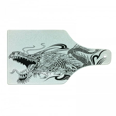 

Dragon Cutting Board Tattoo Style Traditional Winged Creature with Ornamental Pattern Decorative Tempered Glass Cutting and Serving Board Wine Bottle Shape Black White by Ambesonne