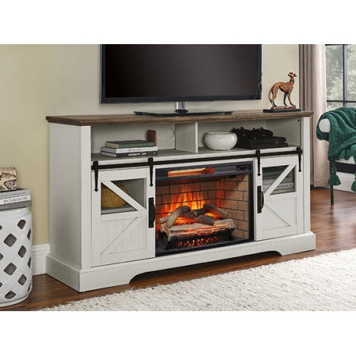 60" Electric Fireplace Entertainment Center with Door Sensor, Jasmine White Finish