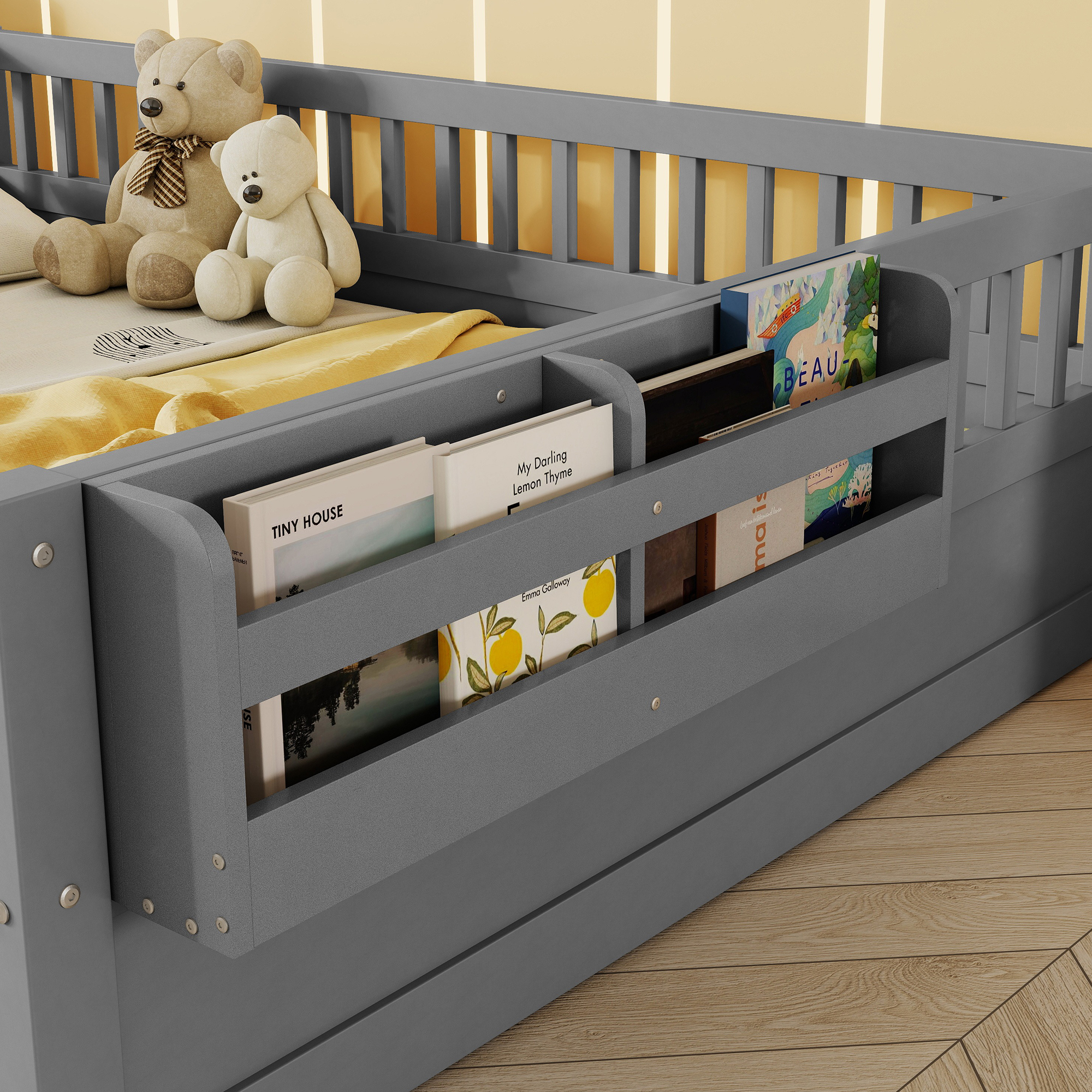 Euroco Wood Full Size Montessori Floor Bed with Guardrails and LED Light, Kids Bed with Storage Shelves, Gray