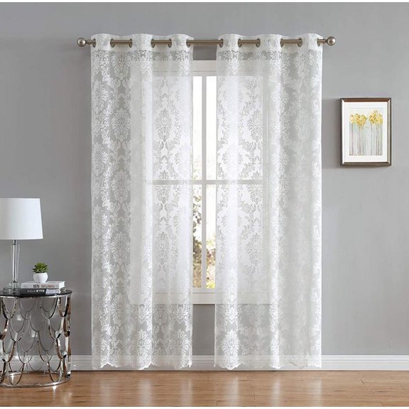 Lisa Knitted Lace Curtain Medallion Design with Scalloped Bottom (38" W x 63" L, Ivory)