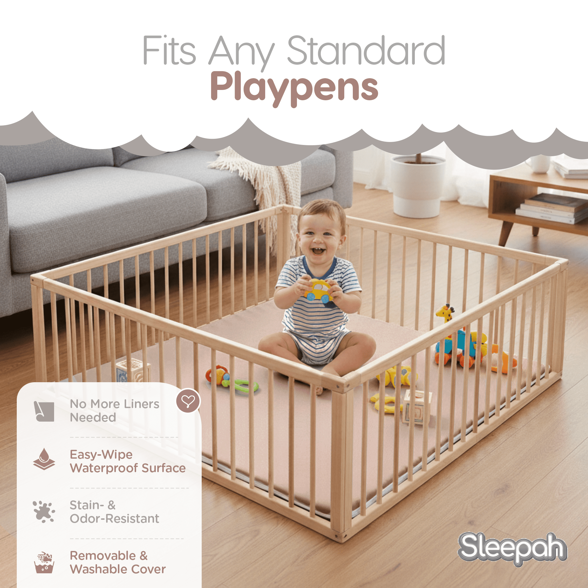 Sleepah Baby Play Mat for Floor 50" x 50" – Waterproof Vegan Leather Tummy Time Mat – Easy to Clean with Removable Cover – Foam Support with Non-Slip Bottom for Infant, Kids & Toddler Crawling - Tan