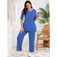 thumbnail image 2 of SHOWMALL Plus Size Travel Outfits for Women 2 Piece Lounge Set Comfy Airport Wear Short Sleeve Top & Pants Royal Blue 3X, 2 of 9