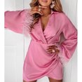 thumbnail image 3 of Vestido de manga larga acampanado Vestido cruzado con cuello en V de corte bajo Vestido ajustado de mujer para otoño e invierno Rosa XL, 3 of 6