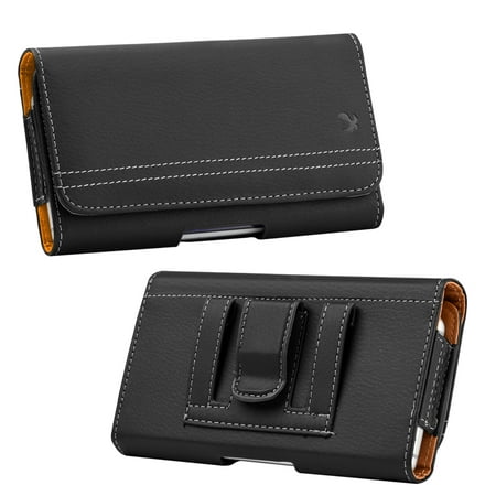 BLACK Cell Phone Pouch Horizontal Leather Case Cover with Belt Clip Holster, Loops, Card Slot, Magnetic Closure for Universal 6.3 inch Phone fit APPLE / SAMSUNG / LG / ZTE / HTC / GOOGLE / COOLPAD