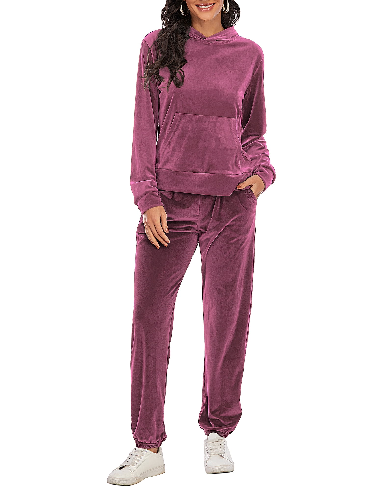 Sweatsuit Womens Long Sleeve Solid Velour Sweatsuit Set Hoodie and Pants Sport Suits Tracksuits 
