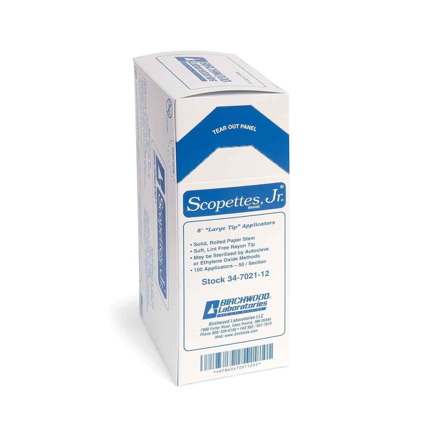 Birchwood 34-7021-12 Scopettes Jr. 8" Large Tip Applicator Swabs (Box of 100)