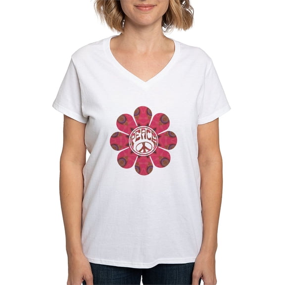 CafePress - Peace Flower Affection Women's V Neck T Shirt - Womens Cotton V-Neck T-shirt
