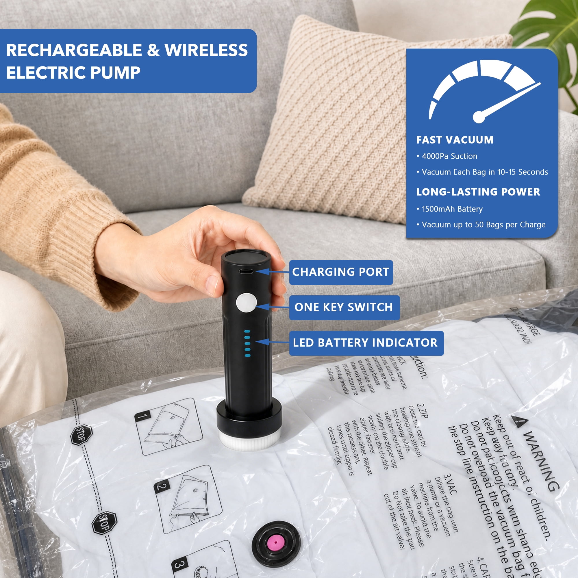 SUOCO Vacuum Storage Bags for Travel with Rechargeable Pump, 12 Combo (4L/4M/4S) Compression Packing Seal Bags for Luggage Suitcase, Space Saver for Clothing and Clothes Storage Travel