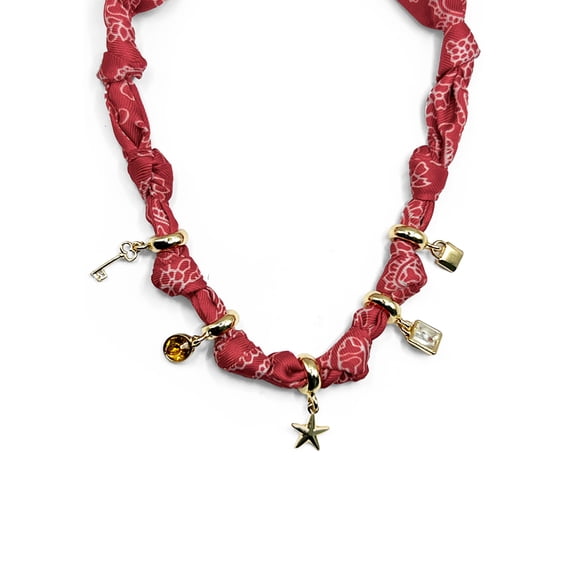 No Boundaries Women's Red Bandana Necklace with Goldtone Charms