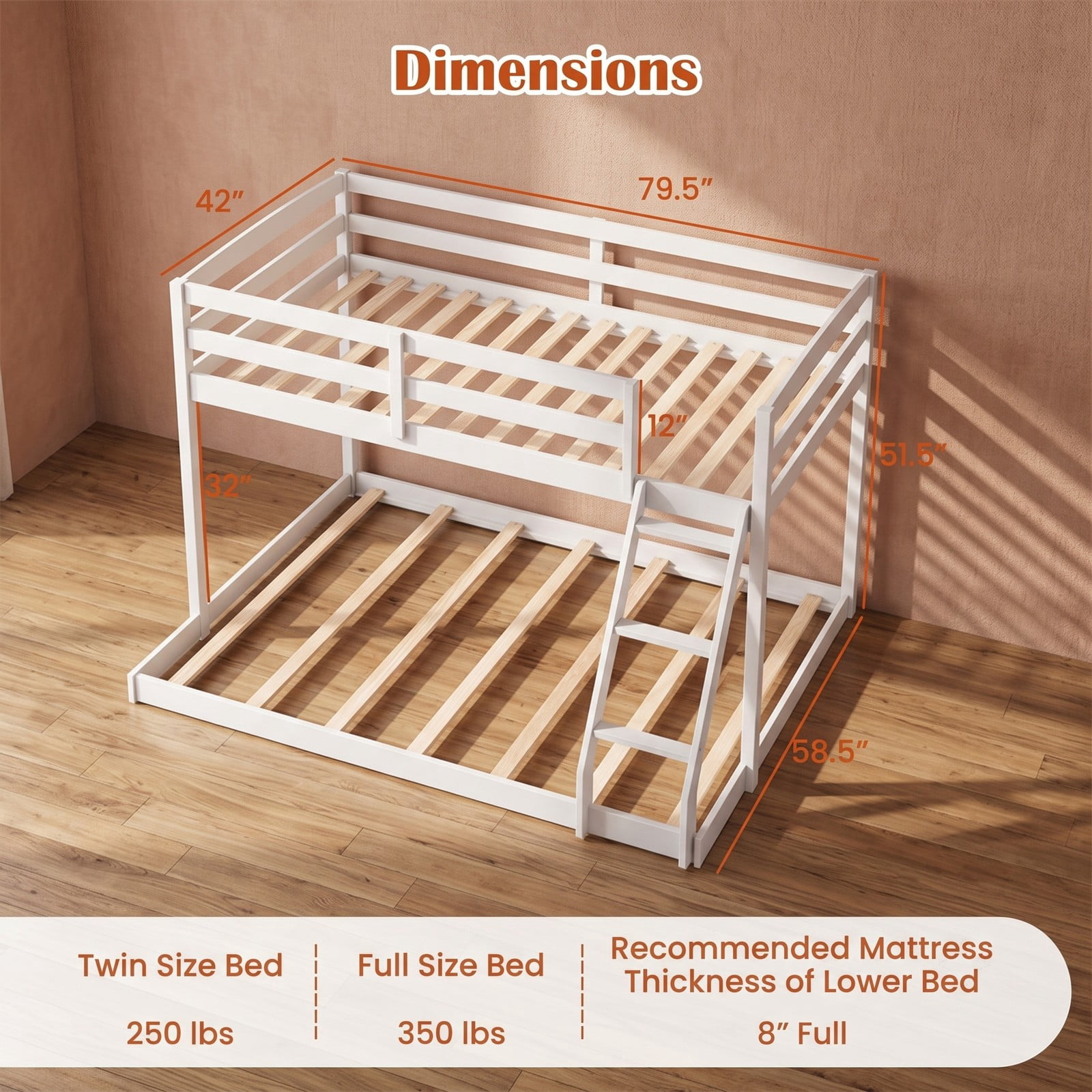 Furnibear Twin Over Full Low Floor Wood Bunk Bed with Guardrails and Integrated Ladder for Kids Teens and Guest Rooms, White