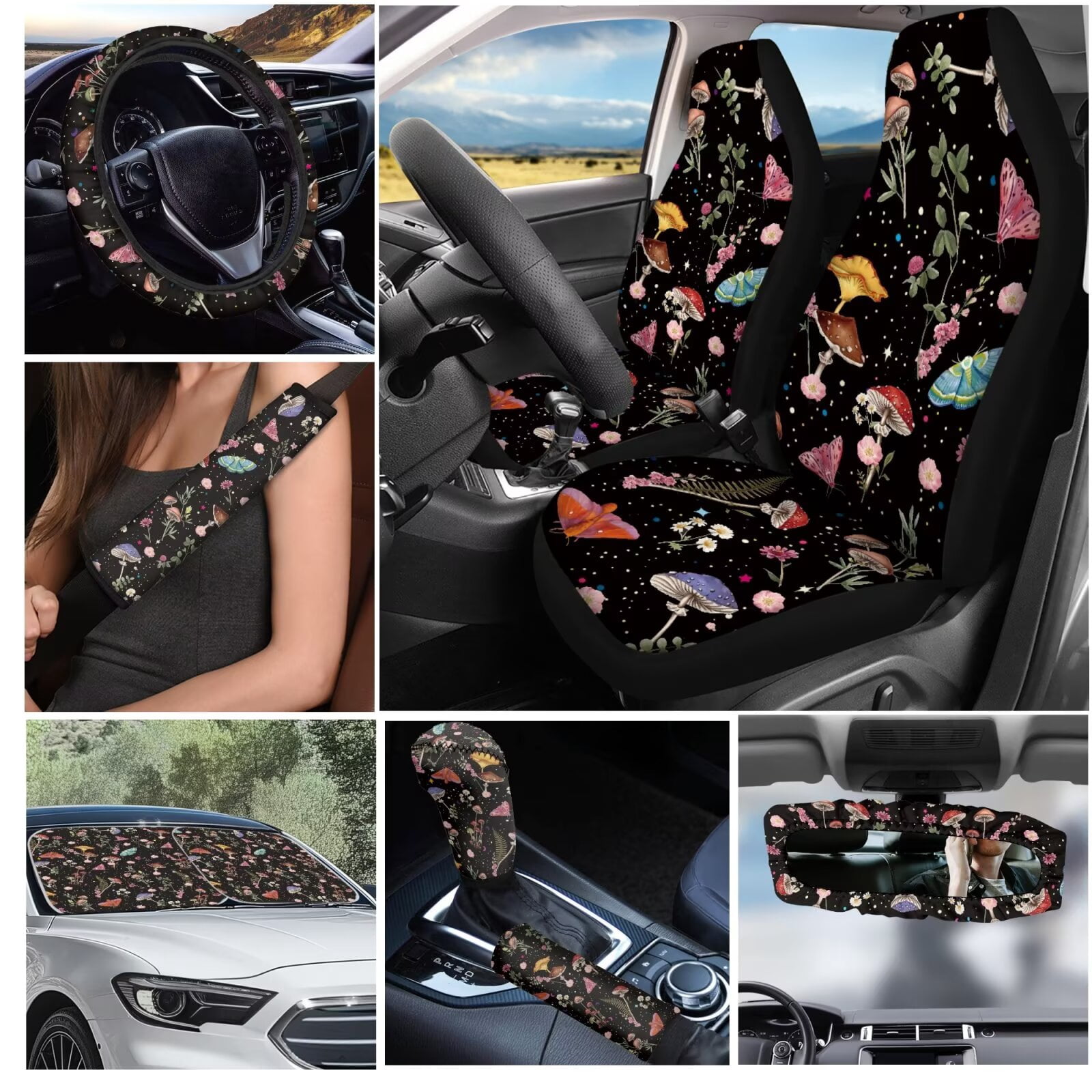 Garronmavis Aesthetic Mushroom 16 Pcs Car Accessories Set Car Seats Belts Shoulder Pad Covers Keychain Gear Shifting Knob Cover Cup Mats Front Window Sunshade Rearview Mirror Cover