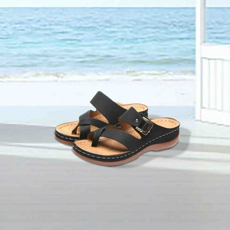 

Womens Summer Casual All Over Sandals Platform Slippers With Wedge Heel Metal Buckle
