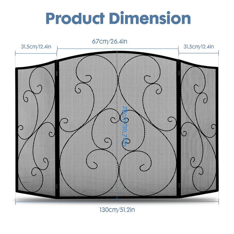 Gianna 51" Fireplace Screen with Hinged Doors, 3 Panel Spark Guard Cover, 30.7" H Wrought Iron Metal Safety Gate for Fireplace and Living Room, Black