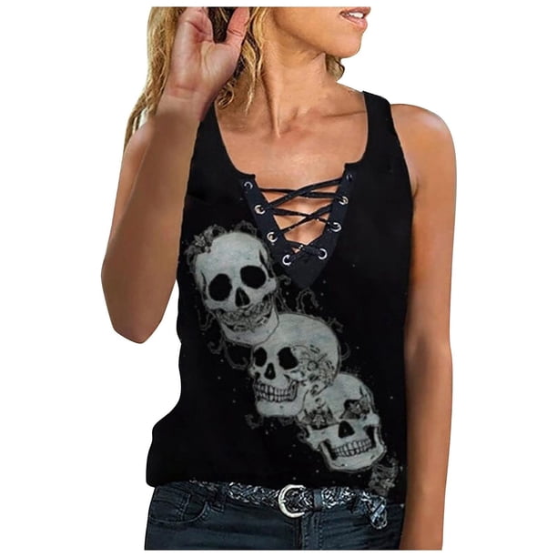 Camiseta Sin Mangas Para Mujer Tops Sin Mangas Blusa Casual Calavera Gráfico Cool Cordón Cuello en V Odeerbi ODB161612