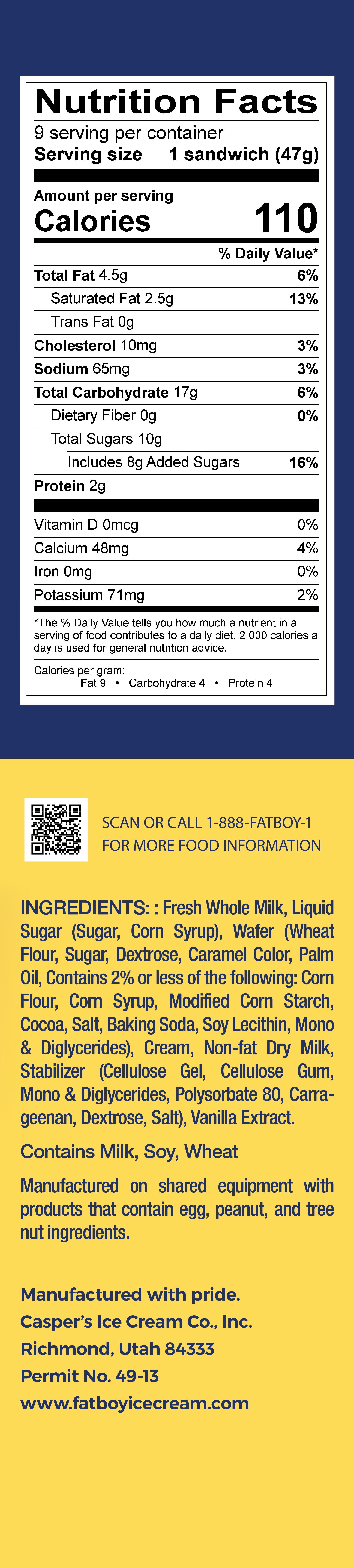 Fatboy Premium Vanilla Jr. Ice Cream Sandwiches, 2.75 fl oz, 9 Count (Frozen)