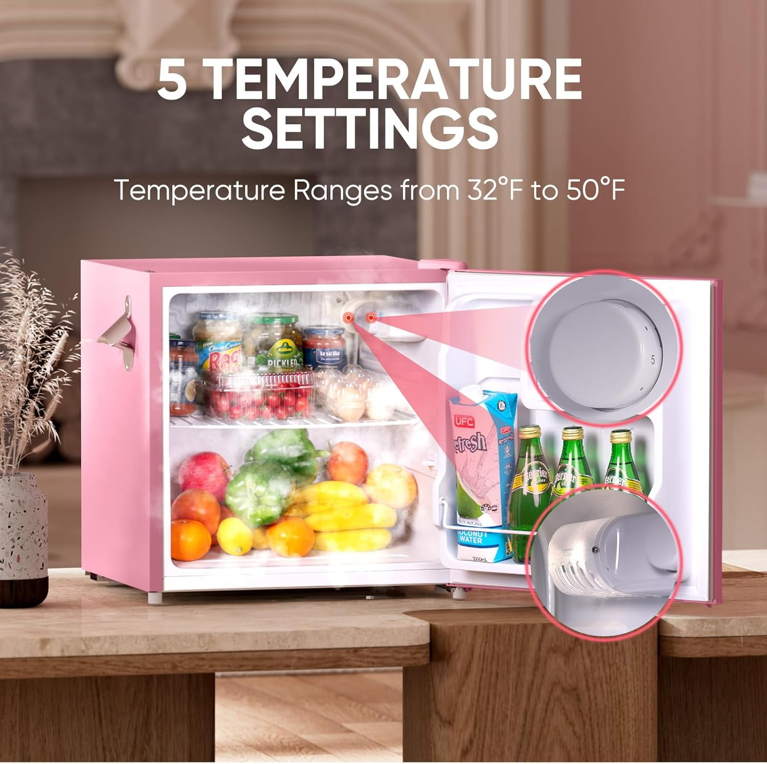 Upstreman 1.7 Cu.Ft. Retro Compact Refrigerator with Side Bottle Opener, Single Door Mini Fridge for Kitchen Office Apartment Dorm, Pink FR17 PRO