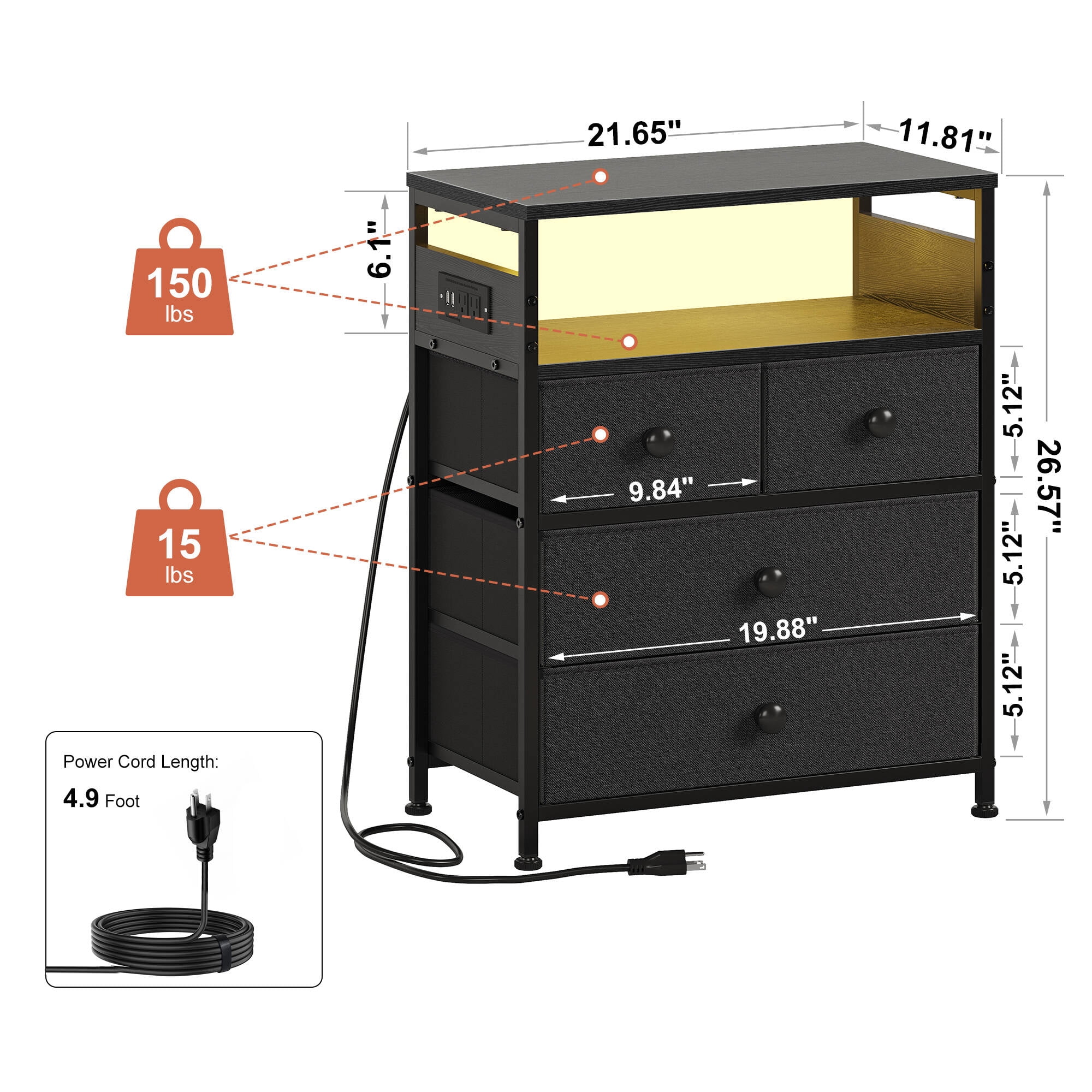 GUNAITO Led Nightstand Set of 2 with 4 Drawers Bedside Table with Charging Station Wide End Table with Storage Shelf for Living Room,Gray