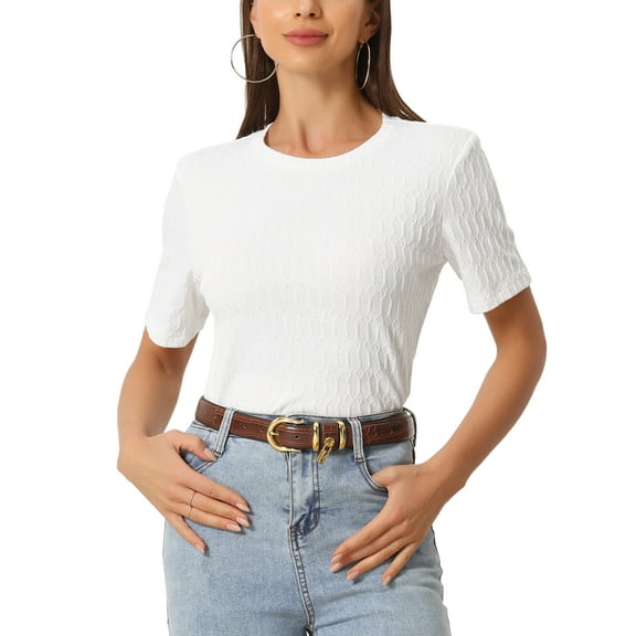 INSPIRE CHIC Women's T-Shirt Round Neck Short Sleeve Basic Casual Textured Top XS White