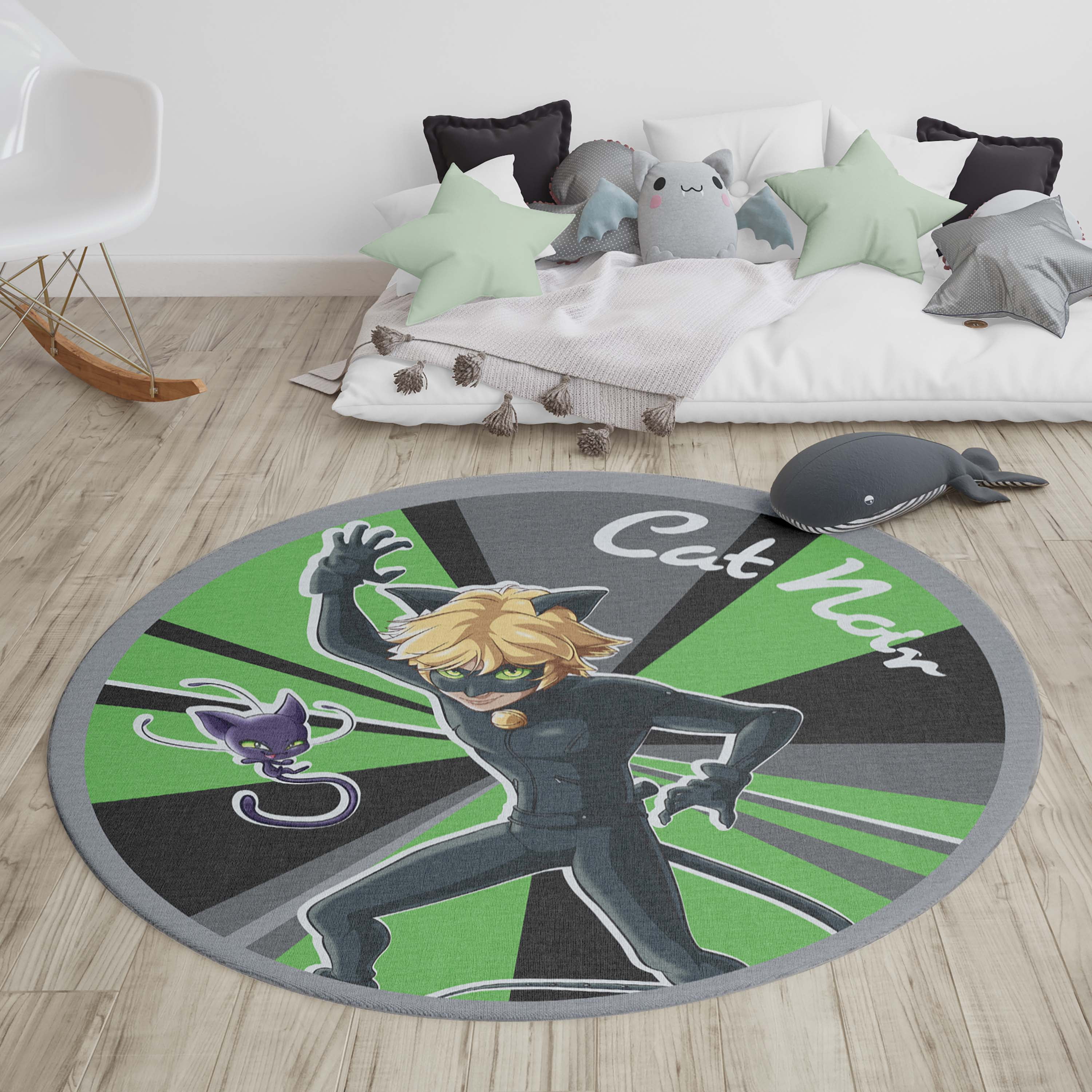 Well Woven Miraculous Ladybug Cat Noir Green 6'7" Round Rug