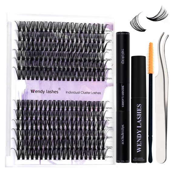 WENDY LASHES Lash Extension Kit Lash Clusters Kit D Curl Cluster Lashes 40+50D Individual Lashes with Lash Bond and Seal Lash Applicator Lash Glue Remover Brush Eyelash Clusters