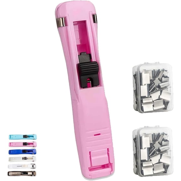 Portable Binder Clip Stapler with 100 Reusable Push Clips, Refillable No-Staple Desktop Paper Binder, Handheld Non-Marking Paper Fastener for Office, Home (Pink)