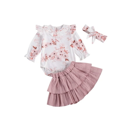 

Newborn Baby Girl Set Romper Tops Ruffle Skirts Headband Outfit
