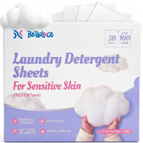 BellaLuce Laundry Detergent Sheets, Unscented for Sensitive Skin, 100 Loads (50 Count)
