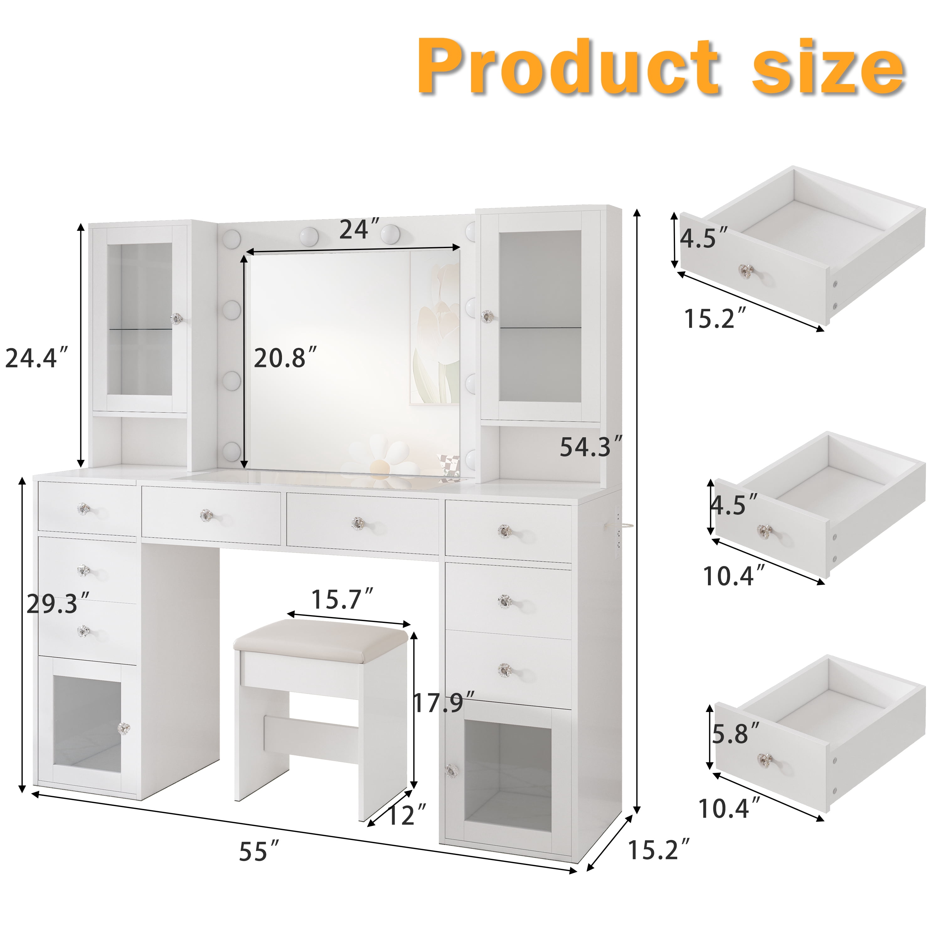 Vanity Desk Table with Lighted Mirror 55“ Girls Makeup Vanity with Power Outlet 3 Colors Lighting Adjustable Brightness Vanity Table for Women Bedroom Dressing Room White