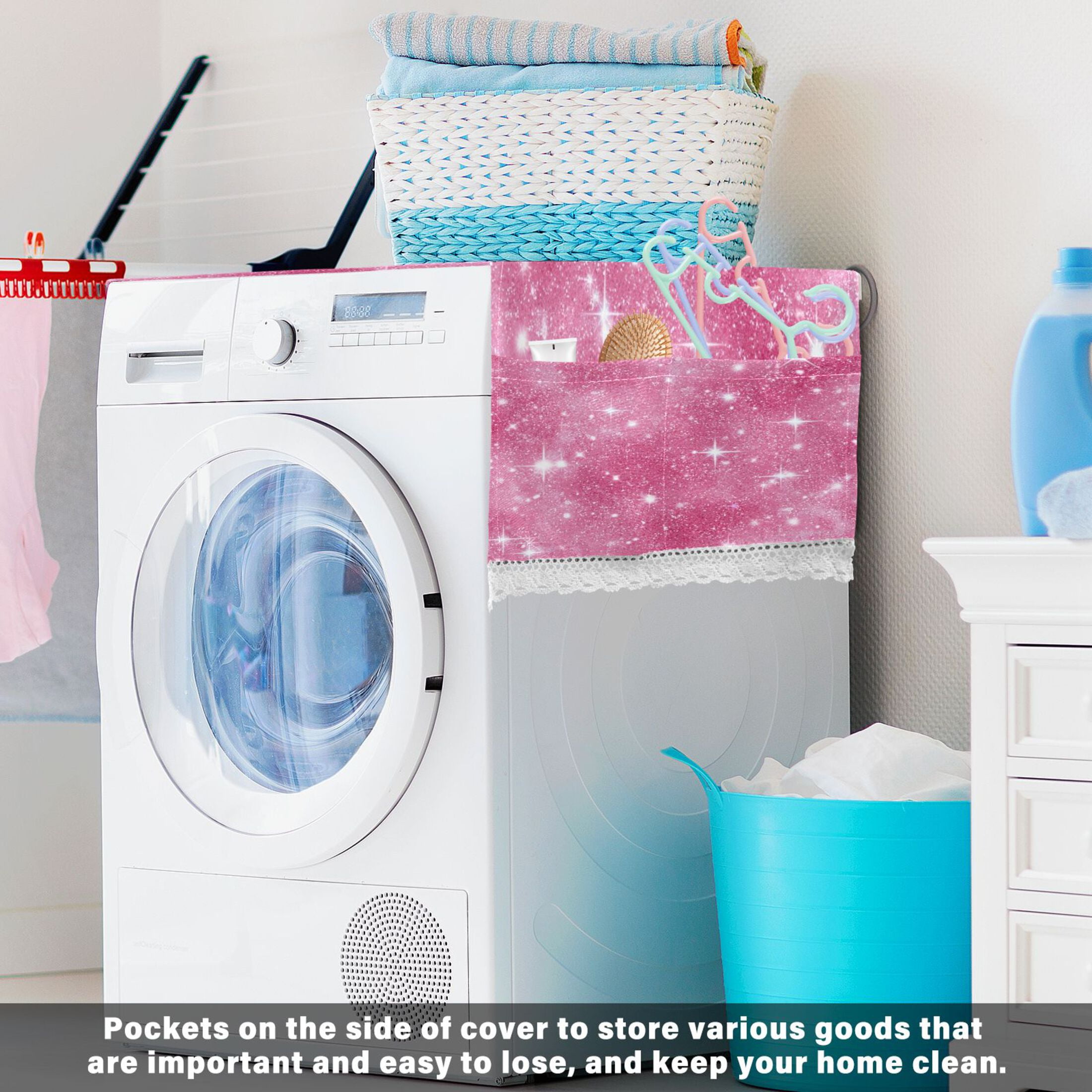 Dustproof Washing Machine Cloth Washer and Dryer Top Covers, Fridge Dust Cover, With Storage Bags Pink Glitter Background