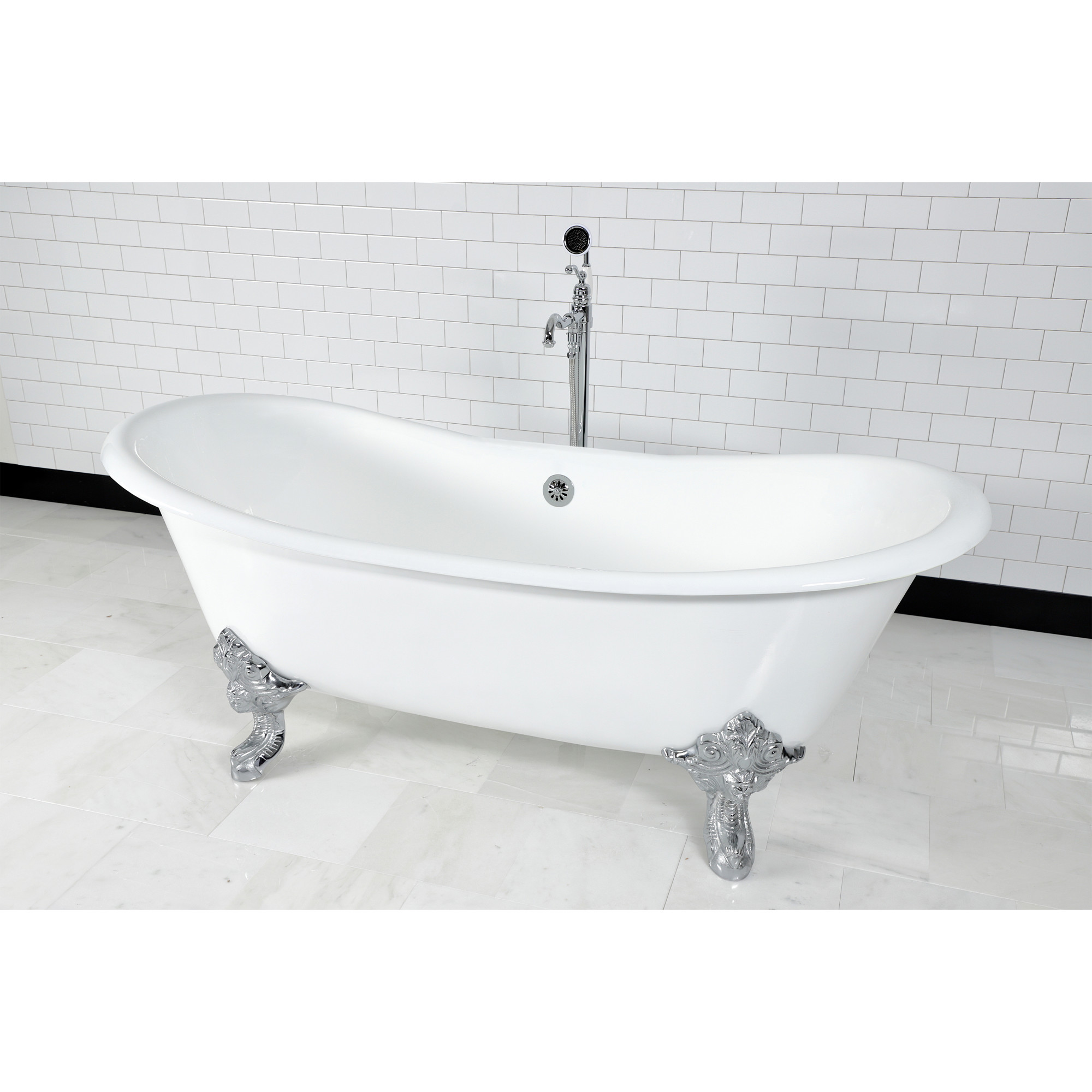 Aqua Eden VCTNDS7231NL1 72" Cast Iron Oval Double Slipper Clawfoot Tub (No Faucet Drillings), White/Polished Chrome