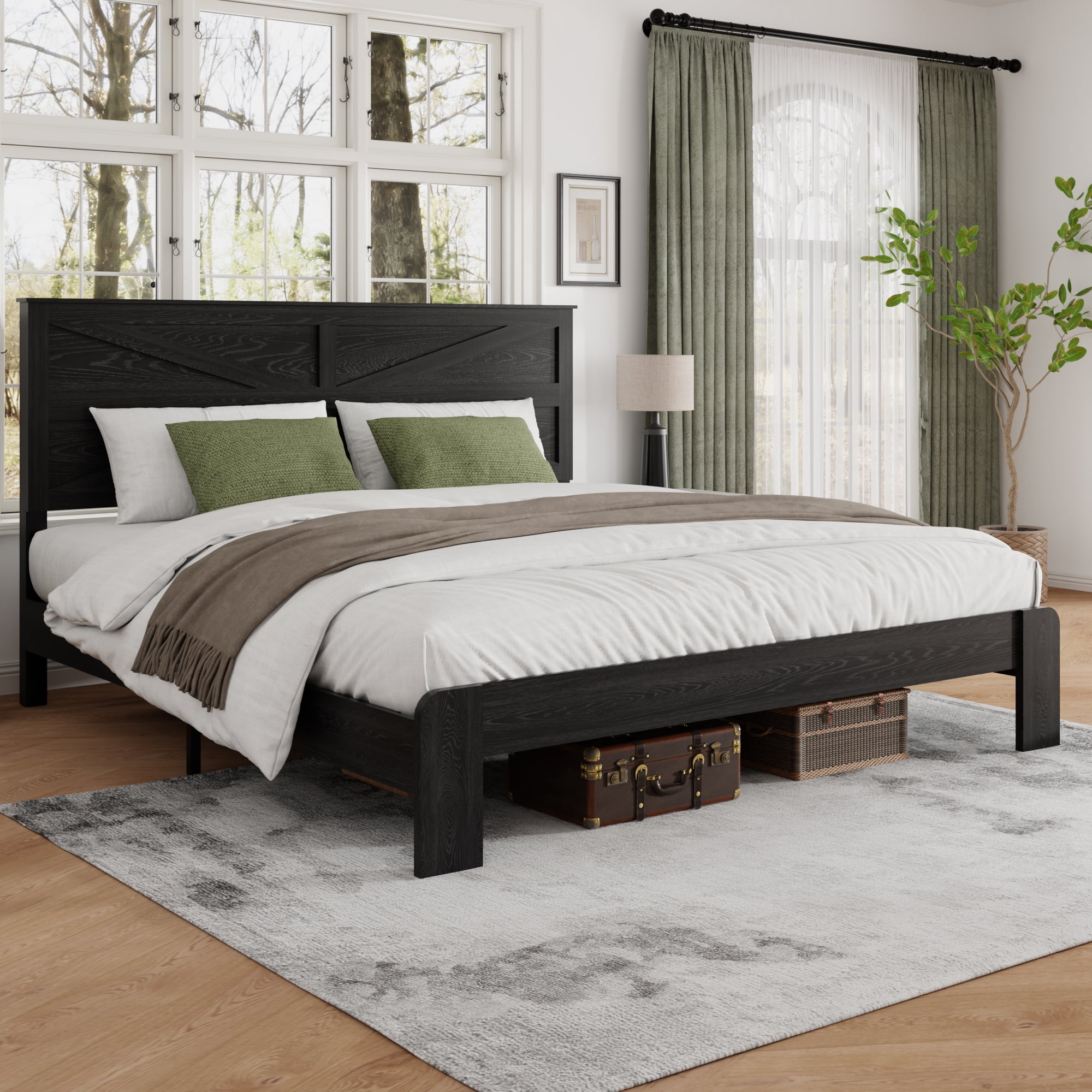 King Size Farmhouse Wooden Bed Frame with Headboard, Boho Platform Bedframe Sturdy Metal Slats Support, No Spring Mattress , Silent Operation, Easy Assembly (King, Black)