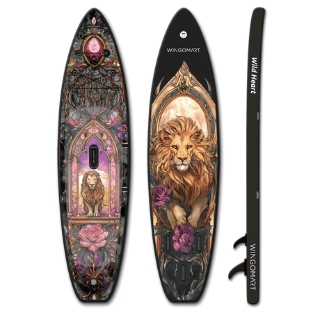 WINGOMART 11FT x 33" Super Wide Inflatable Stand Up Paddle Board, Ultra Stable Wide SUP Up to 2 people/375LB Fully equipped w/ Premium SUP Accessories - Black Majestic Lion