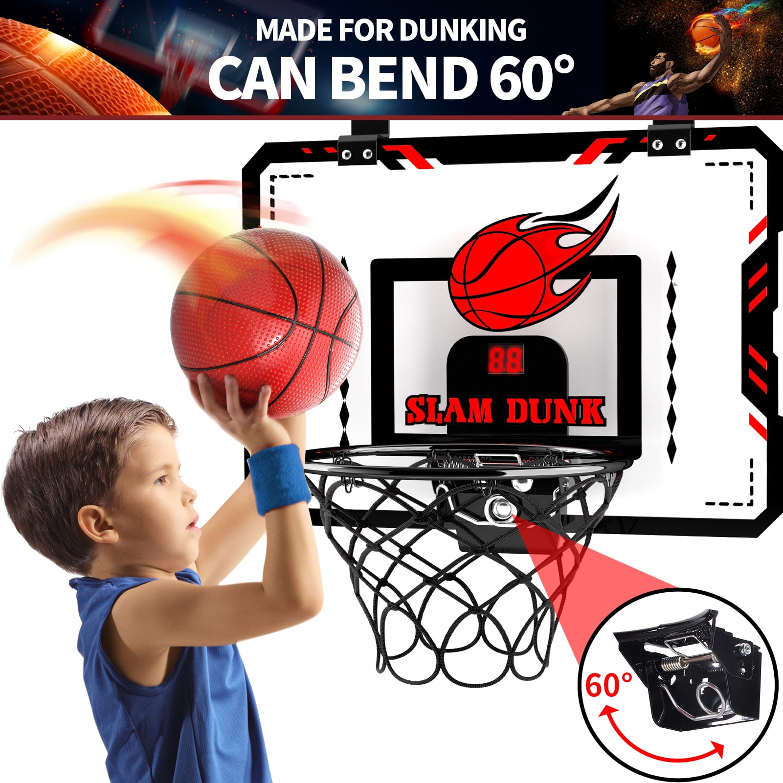 MAVOLIO Indoor Mini Basketball Hoop for Kids, over the door Toddler Basketball Toy with LED Scoring, Ideal Birthday Gift for Kids Boys 3-12