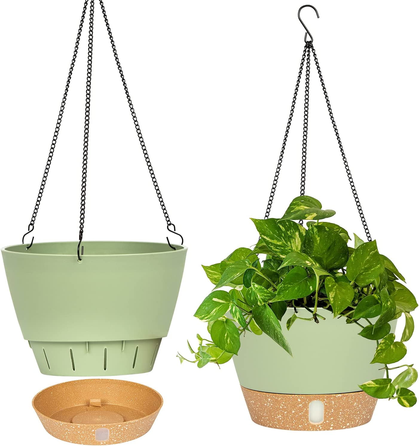 Plastic Hanging Planters Set, Hanging Basket with 3 Hooks, Green